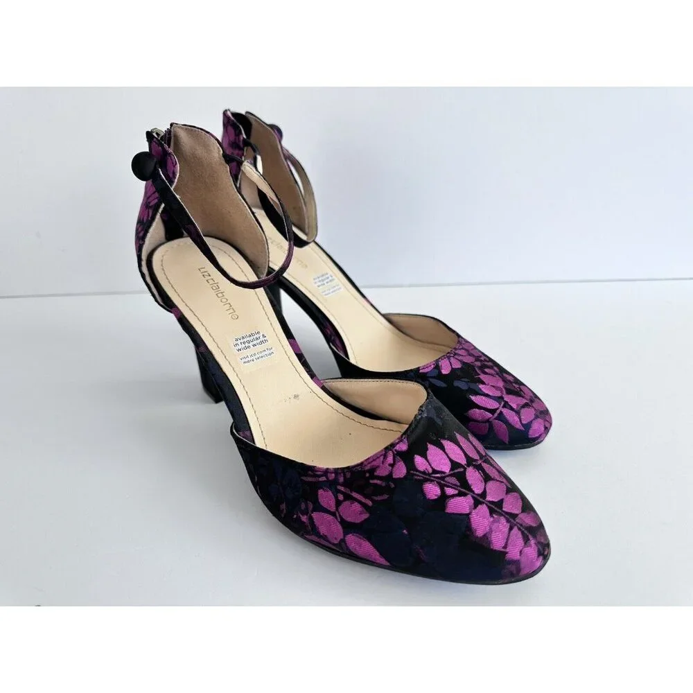 LIZ CLAIBORNE DARK BLUE PURPLE FLORAL ANKLE STRAP PUMPS WINNIE 8W‎ WHIMSY READ